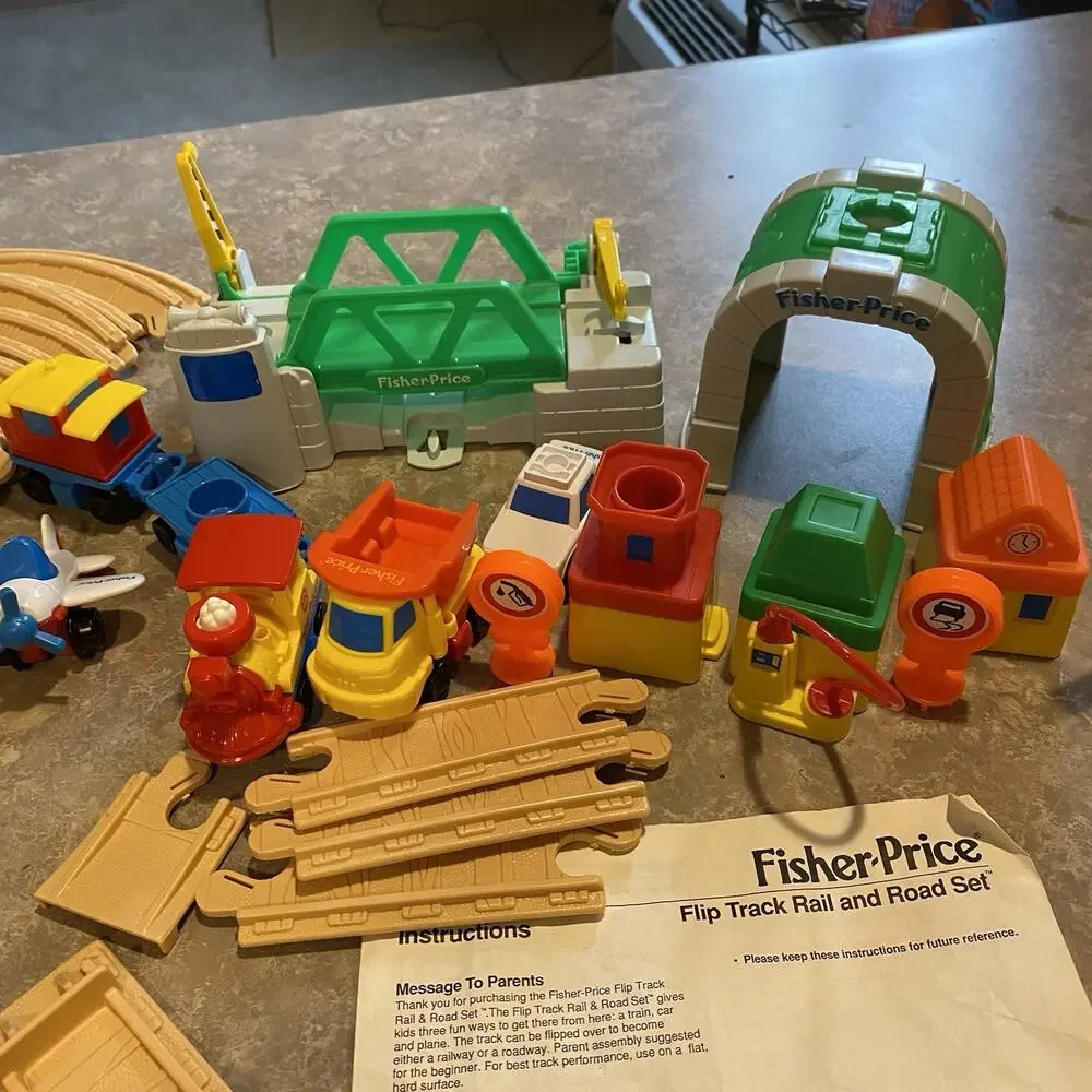 Vtg 1992 Fisher Price Flip Track Rail & Road Set Train Cars Plane Lot w/Manual